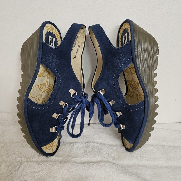 Fly London Bold Blue Yifa Leather Lace-Up Cut Out Sling Back Wedges Size 10-10.5 - Picture 10 of 16
